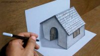 آموزش نقاشی سه بعدی روی کاغذ : خانه با سقف شیروانی