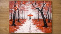 نقاشی اکریلیک فصل پاییز - راه رفتن زیر باران