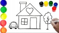 نقاشی و رنگ آمیزی آسان کودکانه : خانه , ماشین , درخت , گلدان گل و سگ بامزه