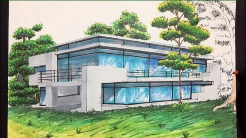 Architectural sketching of house with markers #01