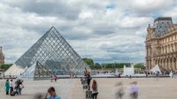 Tourists posing and making photos near the Louvre timelapse, famous French museum. Paris, France