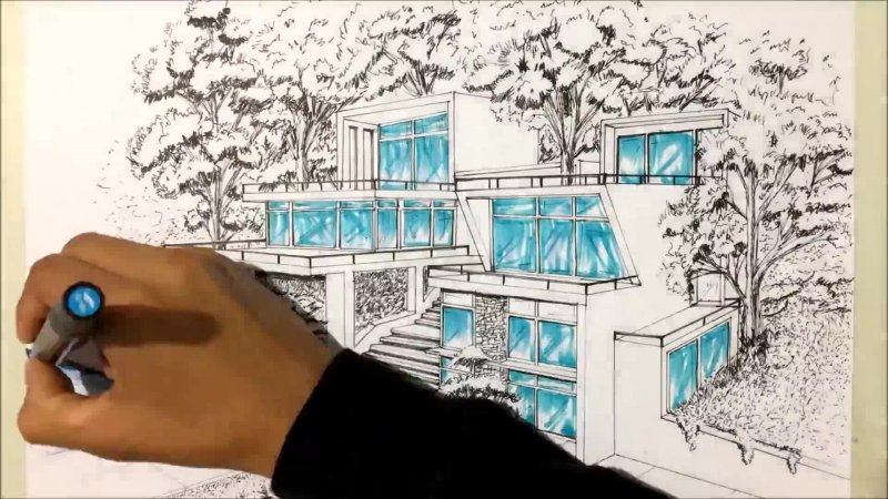 Architectural sketching of house with markers #03